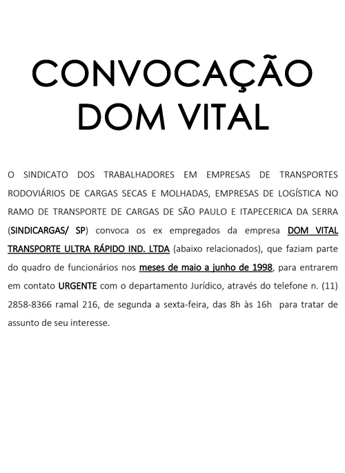 CONVOCAÇÃO DOM VITAL